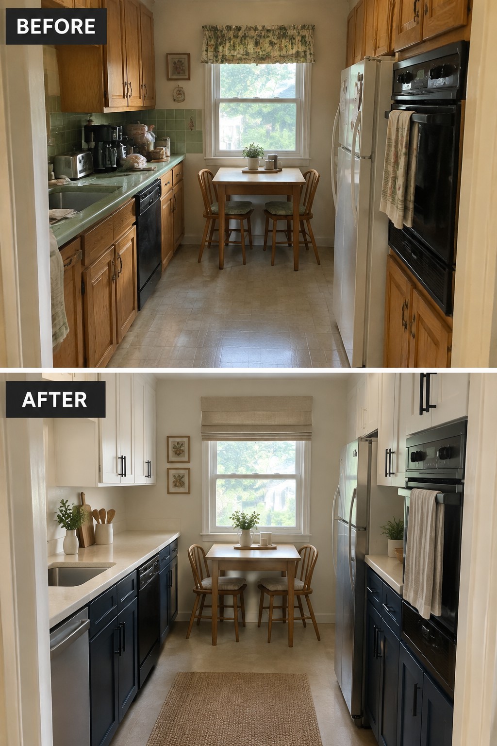 Before-and-after makeover image of a narrow kitchen updated with white upper cabinets, dark lower cabinets, and light countertops.
