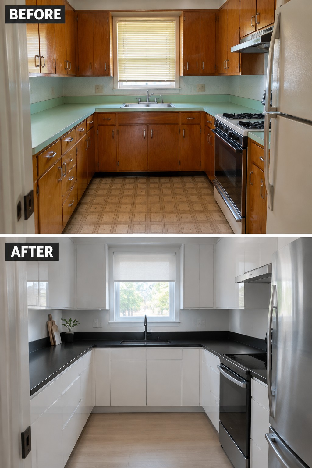 Before-and-after kitchen makeover image showing dated wood cabinets and green countertops replaced with white cabinets and dark countertops.