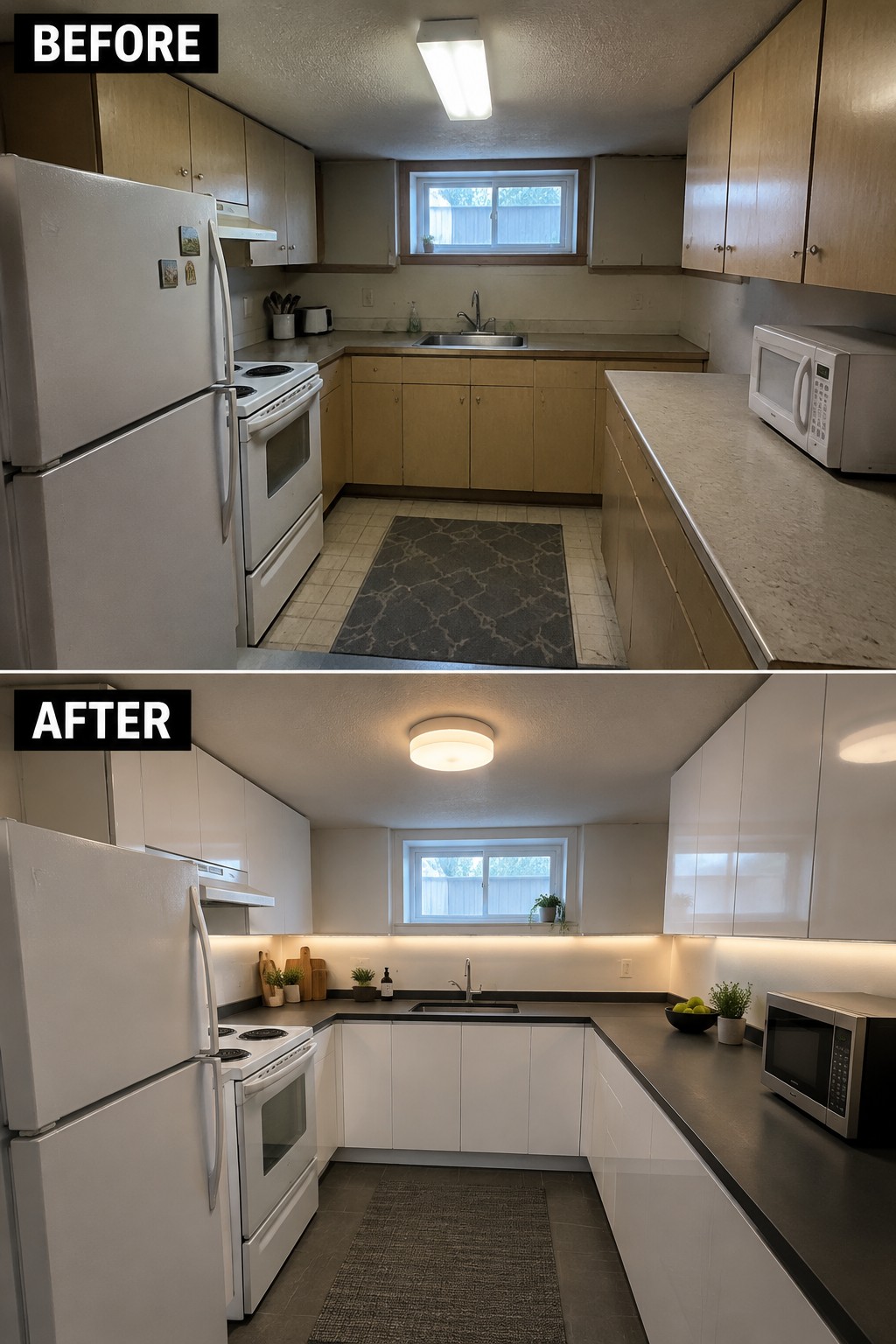 Before-and-after kitchen makeover image showing dated wood cabinets replaced with sleek white cabinetry and dark countertops.