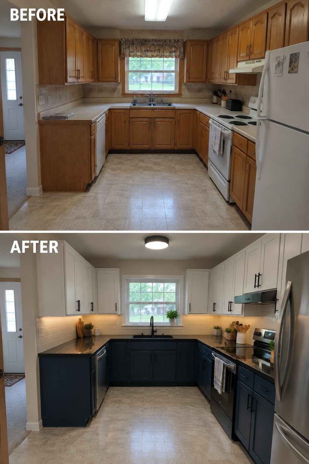 Before-and-after image of a kitchen with dated wood cabinets updated with white upper cabinets and dark blue lower cabinets.