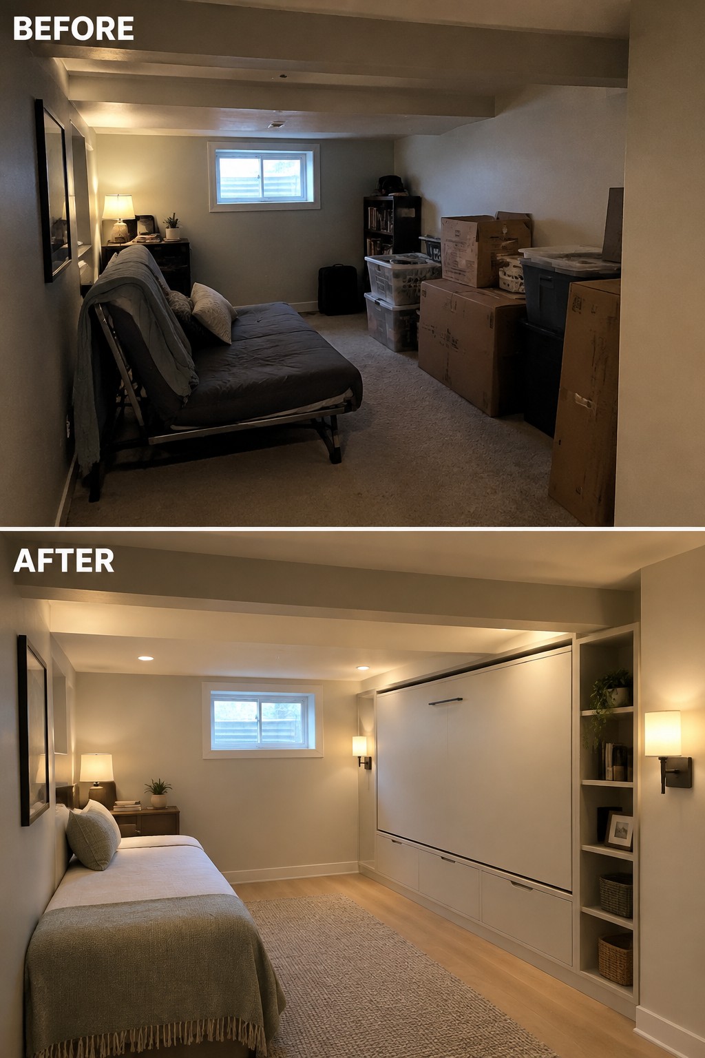 Before-and-after makeover image of a cluttered basement room changed into a tidy bedroom with a wall bed and built-in storage.