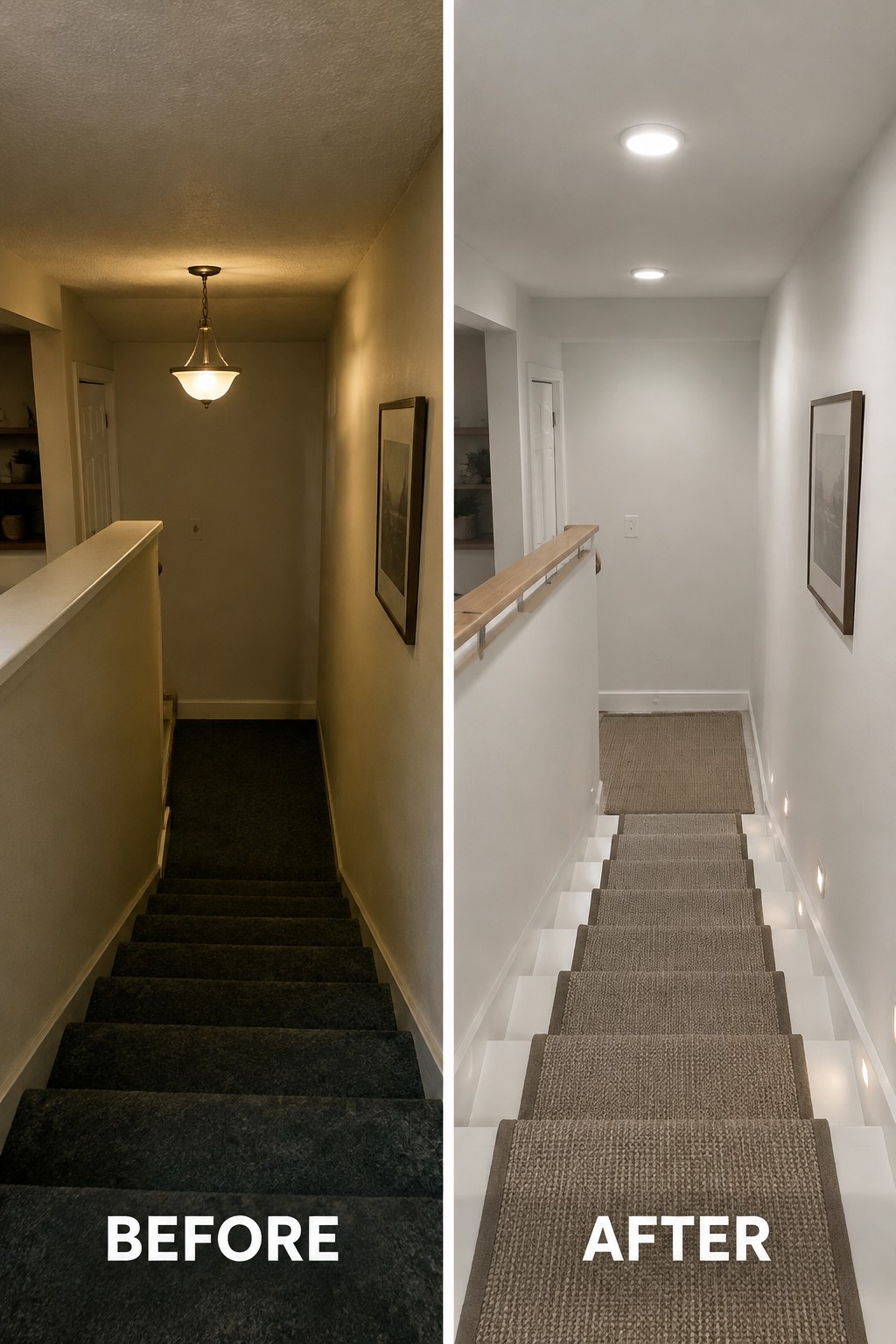 Before-and-after makeover image of a dim carpeted stairwell updated with recessed ceiling lights, step lighting, and a lighter stair runner.