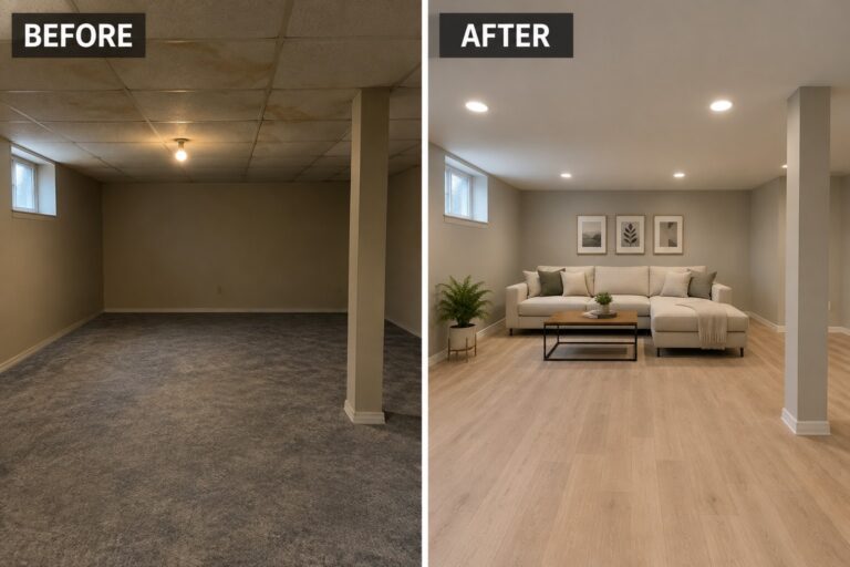 17 Practical Basement Remodel Before and After Ideas for Low-Ceiling Spaces Before-and-after makeover image of an unfinished basement changed into a living area with recessed lighting, wood-look flooring, a sofa, and a rug.