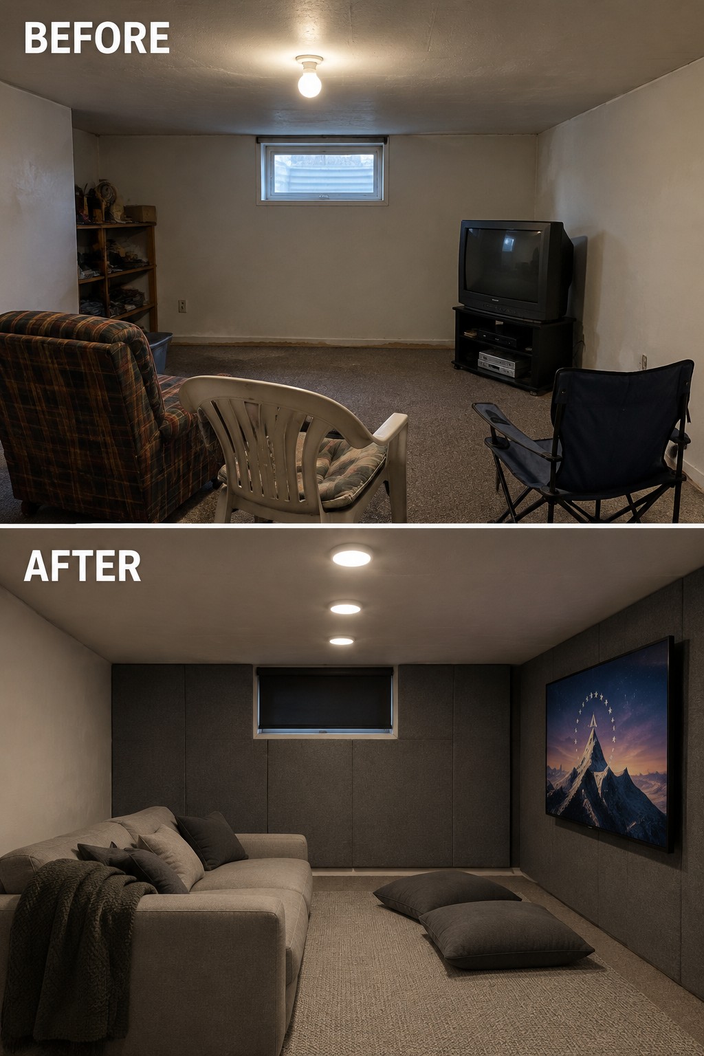 Before-and-after makeover image of a cluttered basement rec room changed into a cozy media room with padded wall panels, a sofa, recessed lights, and a wall-mounted screen.