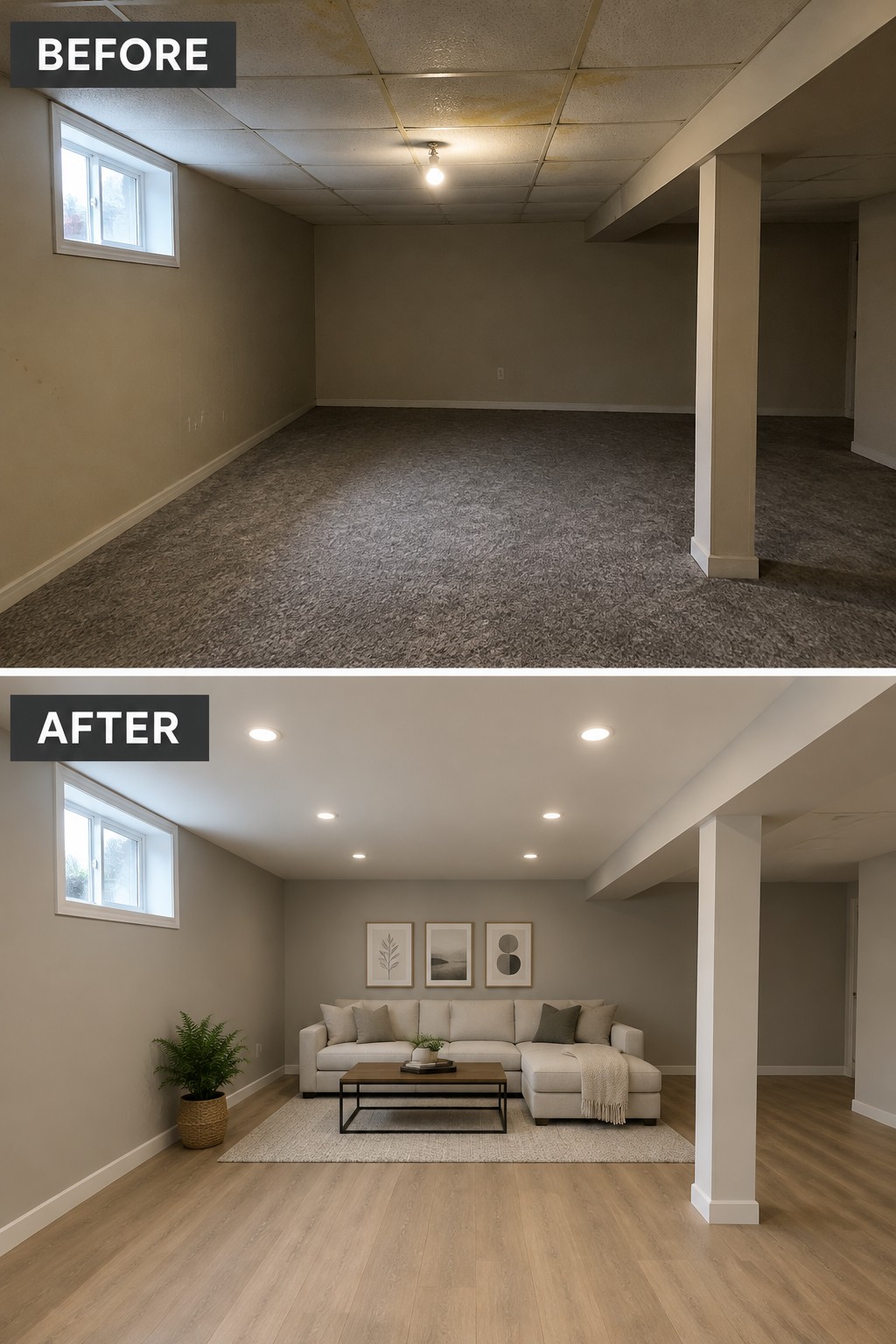 Before-and-after makeover image of an unfinished basement changed into a living area with recessed lighting, wood-look flooring, a sofa, and a rug.