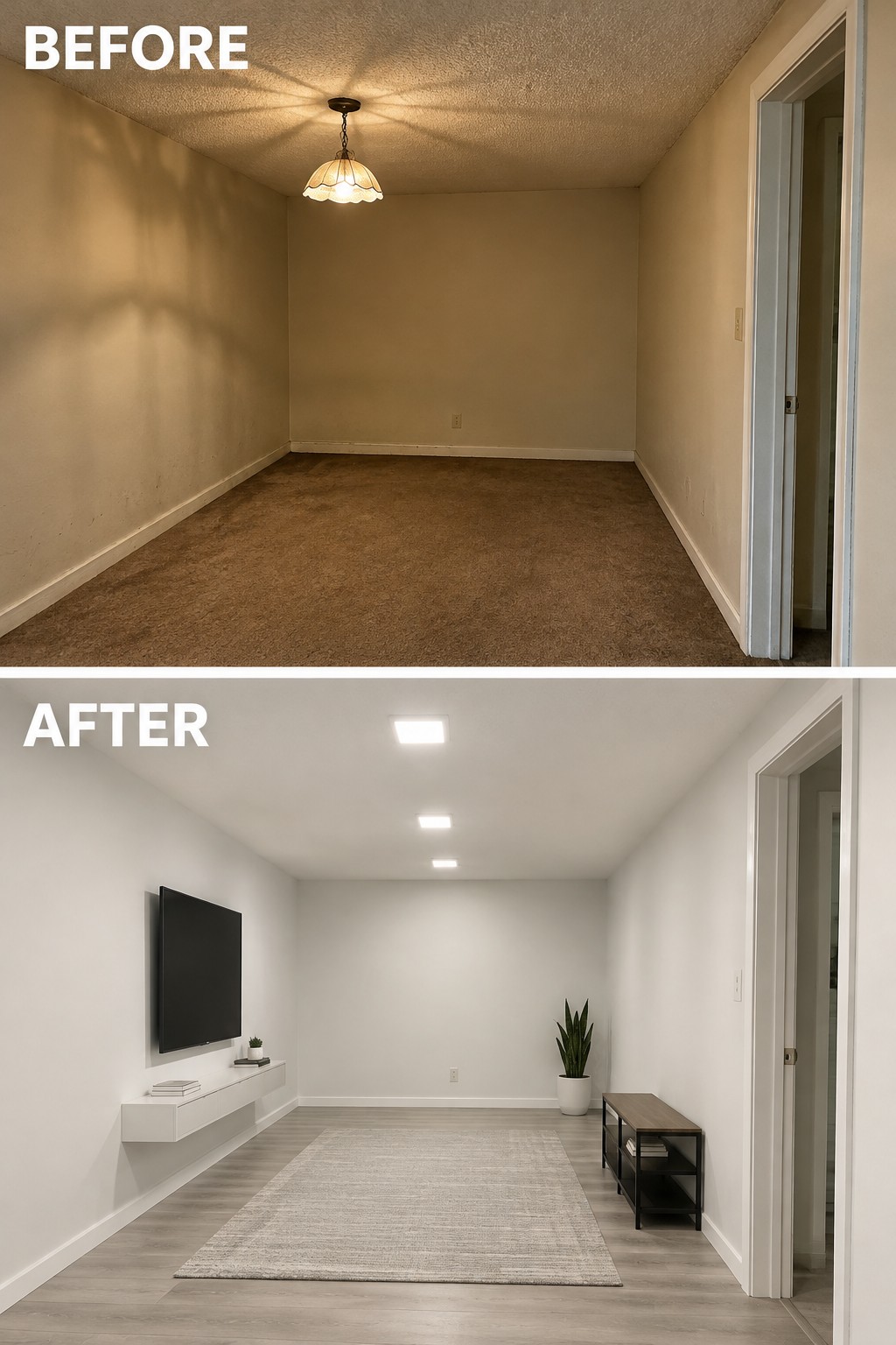 Before-and-after makeover image of an empty basement room with brown carpet and a pendant light updated with light flooring, recessed lights, a rug, and simple furnishings.