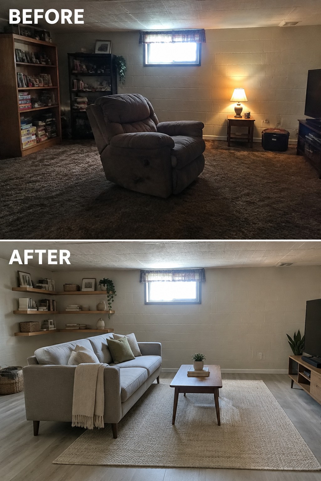 Before-and-after makeover image of a basement living room changed from a recliner and bookcases to a sofa, rug, coffee table, and wall shelves.