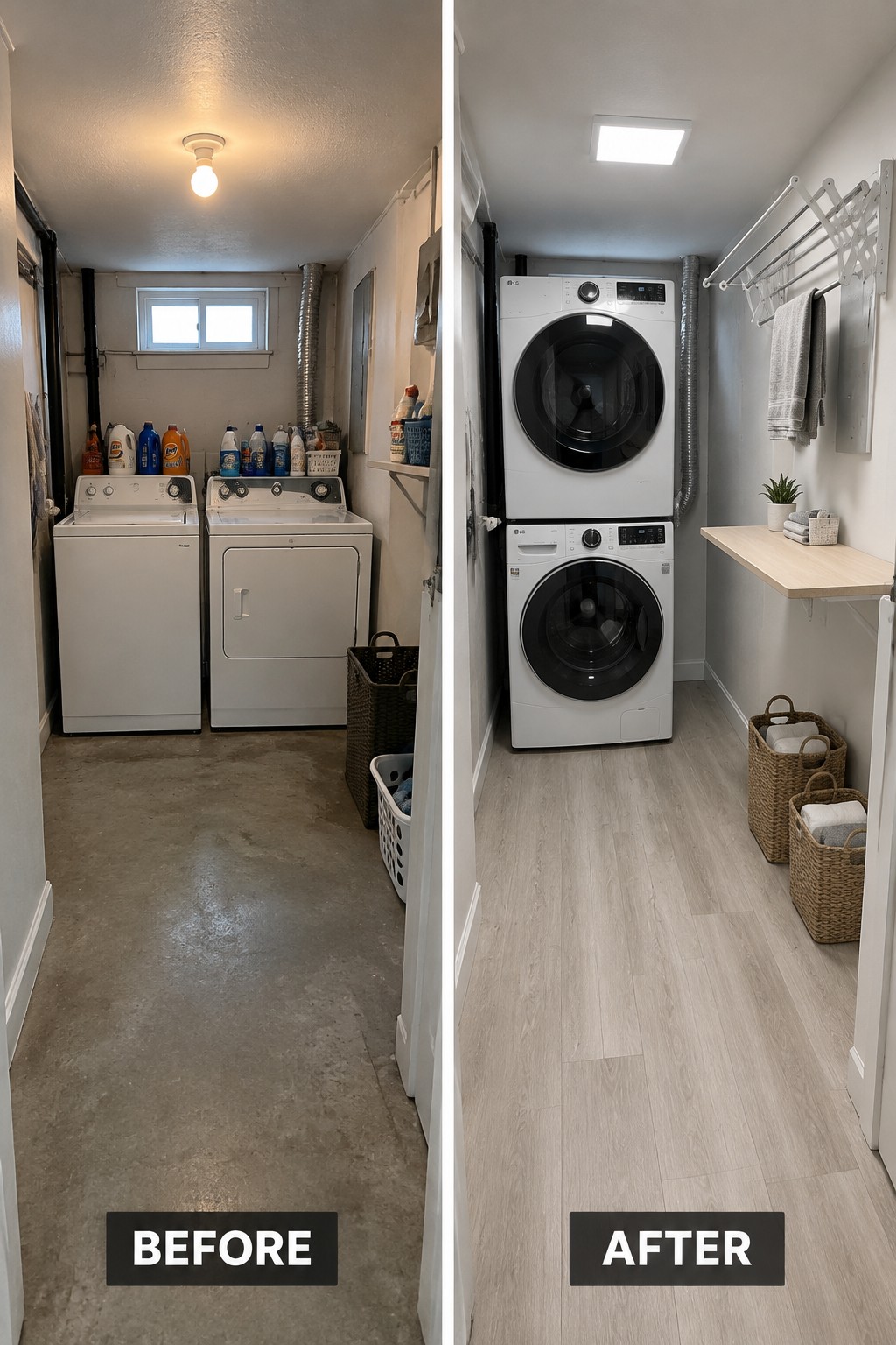 Before-and-after makeover image of a basement laundry room changed from side-by-side machines to stacked machines with a wall-mounted folding shelf.