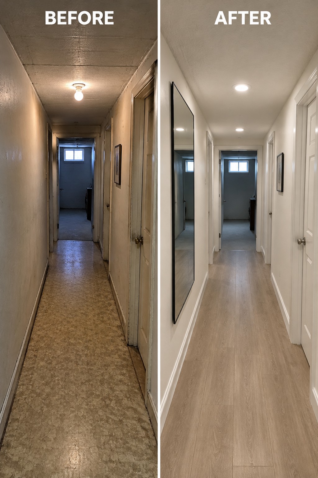 Before-and-after image of a basement hallway updated with light wood-look flooring, a smooth pale ceiling, and recessed lights.