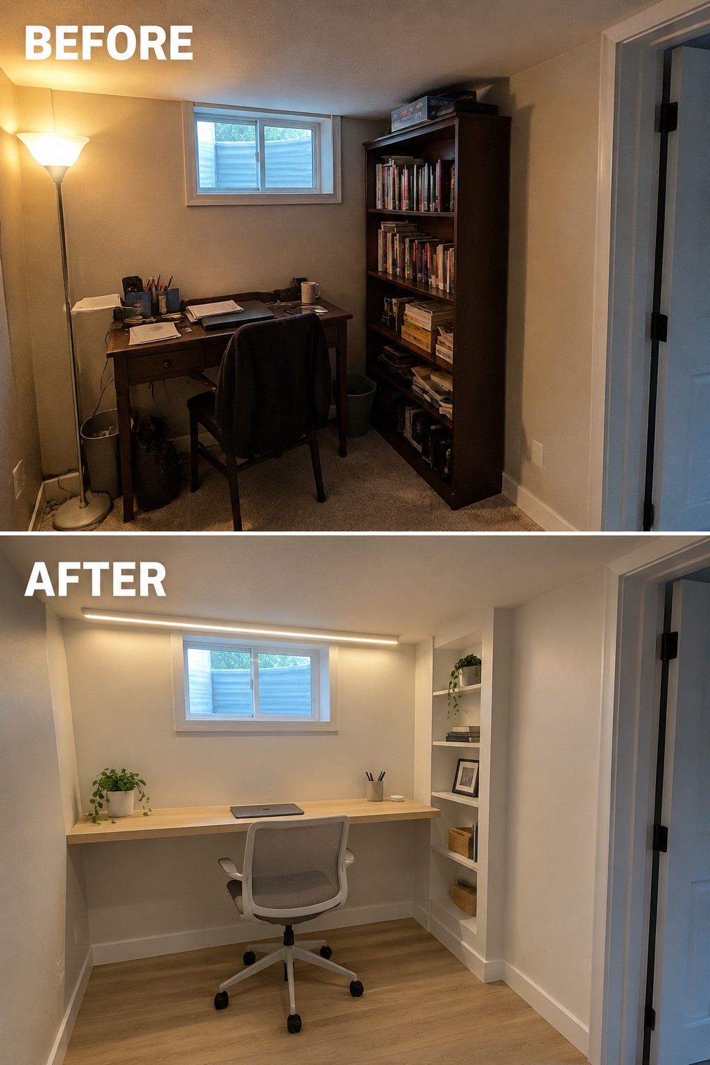 Before-and-after makeover image of a cluttered basement study changed into a home office with a built-in desk and open shelving.