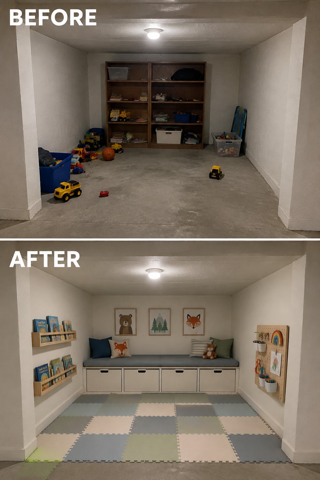 Before-and-after makeover image of a cluttered basement play area changed into a reading nook with a storage bench, book shelves, and foam floor tiles.