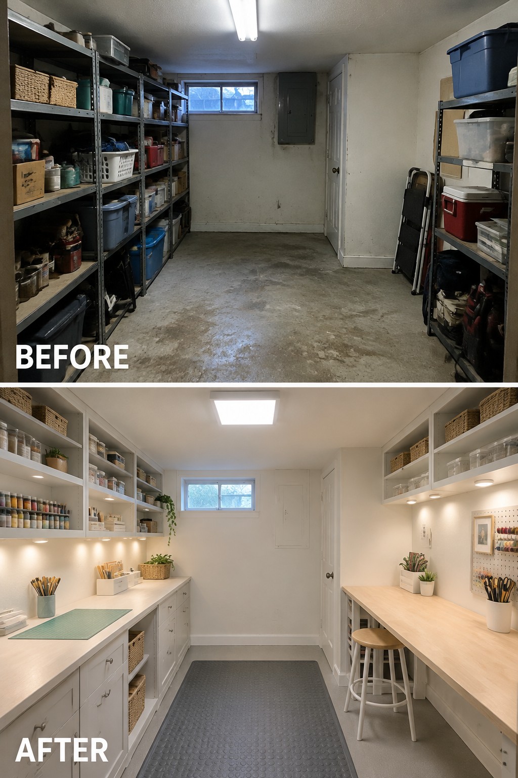 Before-and-after makeover image of a cluttered basement storage room changed into an organized workroom with built-in cabinets, open shelves, and work surfaces.