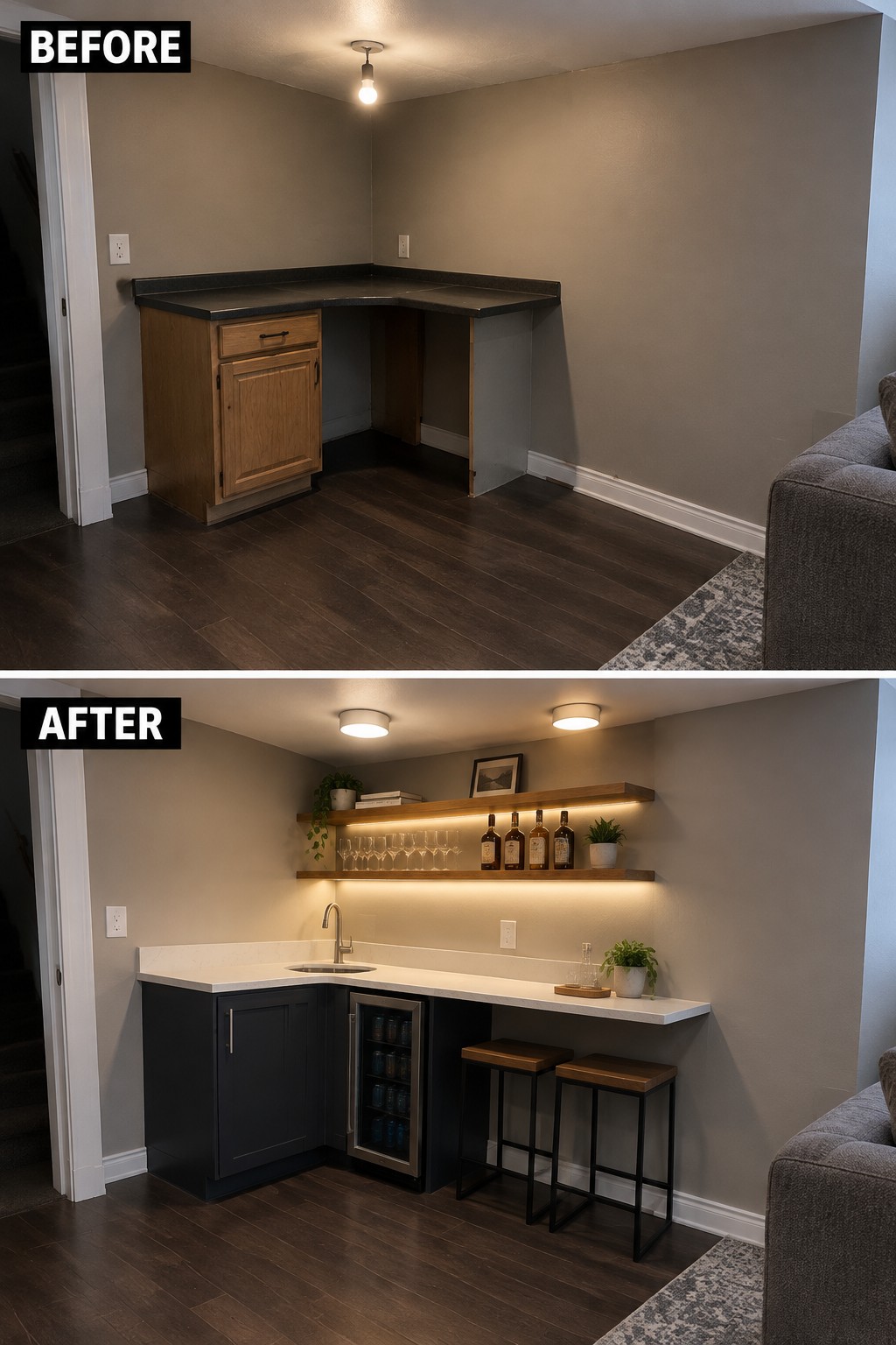 Before-and-after makeover image of a basement corner changed from a bare counter into a small bar with a sink, dark cabinets, a beverage fridge, shelves, and stools.