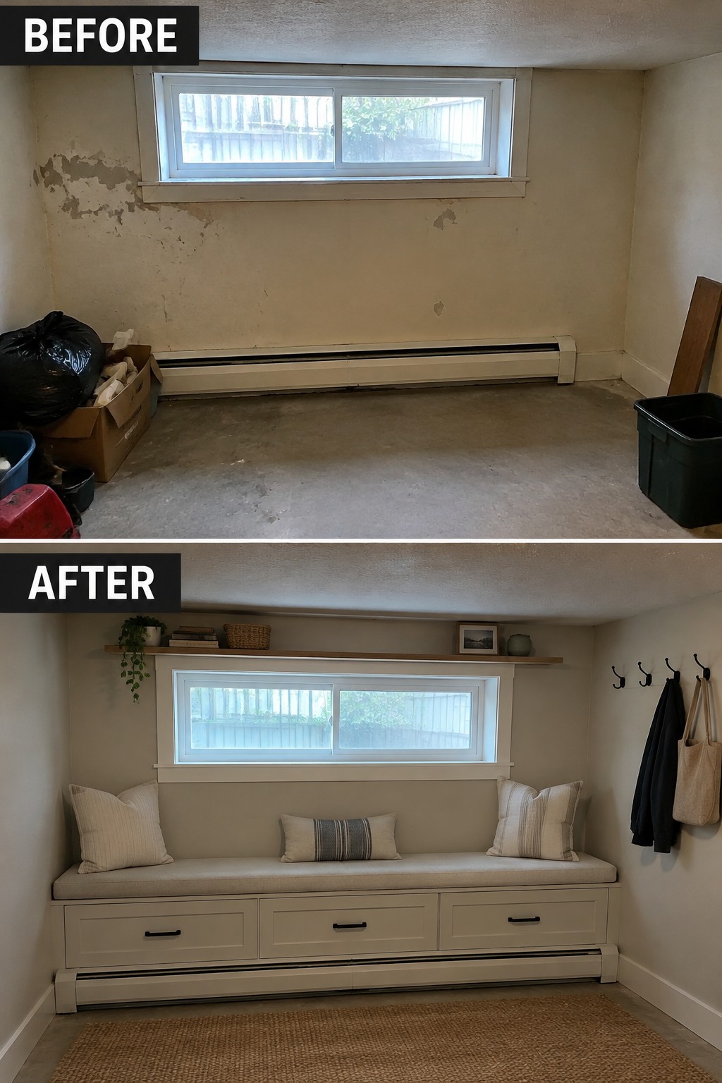 Before-and-after makeover image of an empty basement nook changed into a built-in bench with drawers and a cushion.
