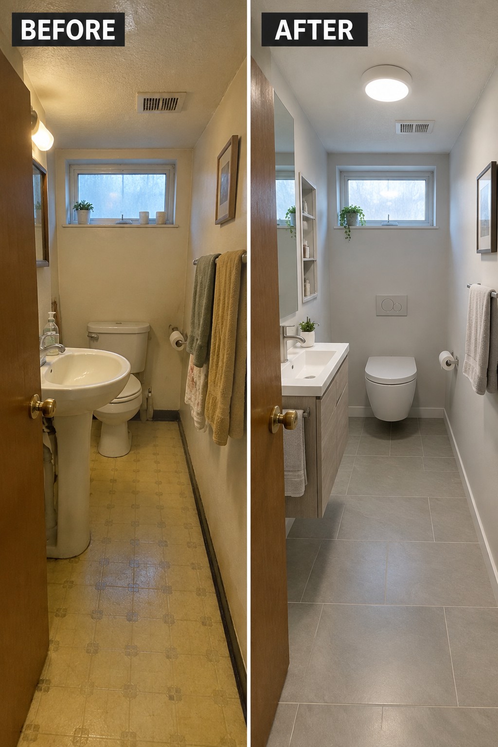 Before-and-after makeover image of a narrow bathroom updated with gray floor tiles, a modern vanity, and a wall-hung toilet.
