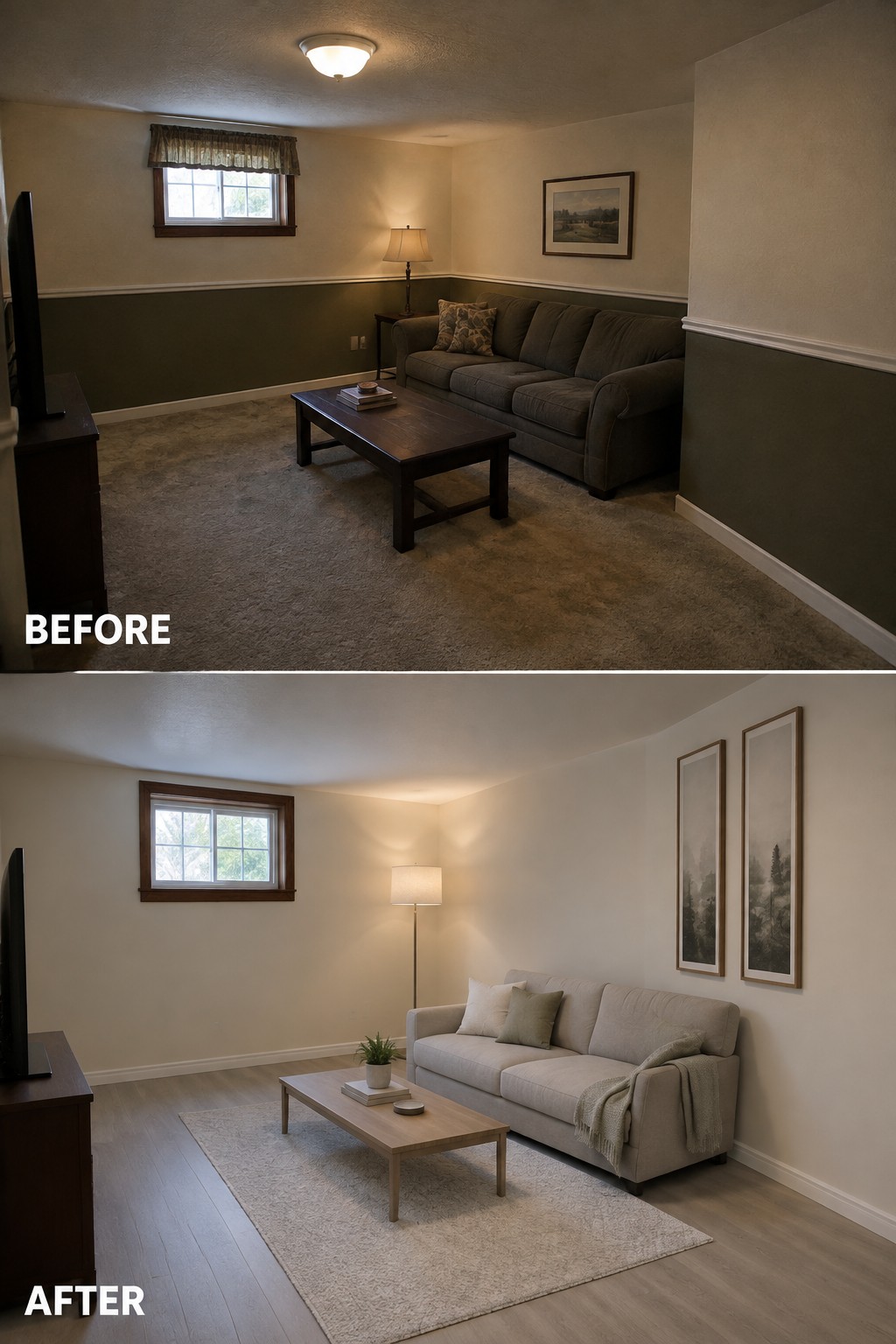 Before-and-after makeover image of a basement living room changed from dark carpet and walls to light flooring, a pale area rug, and neutral seating.