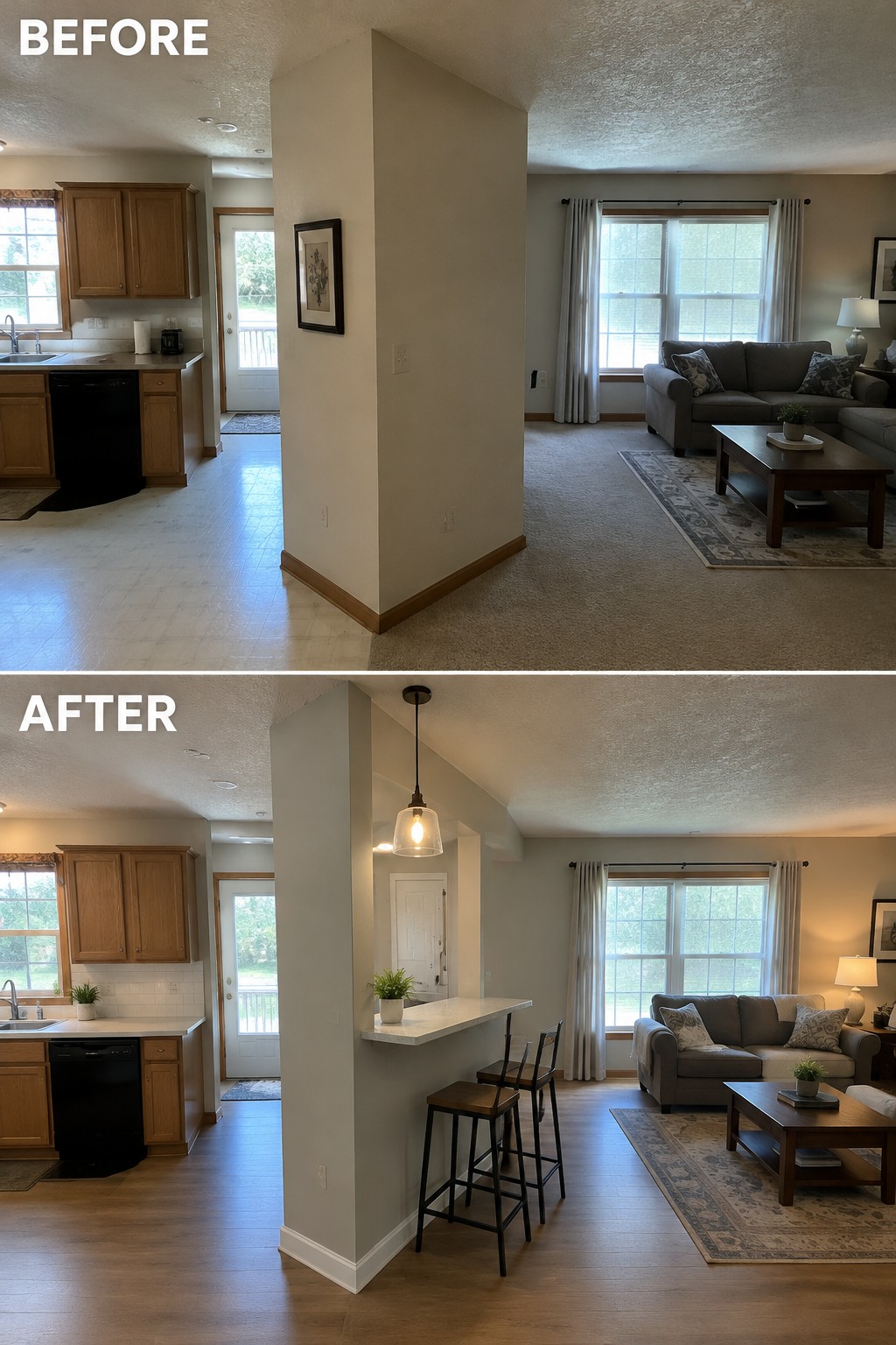 Before-and-after image of a kitchen and living room, with a breakfast bar and stools added to connect the two spaces.