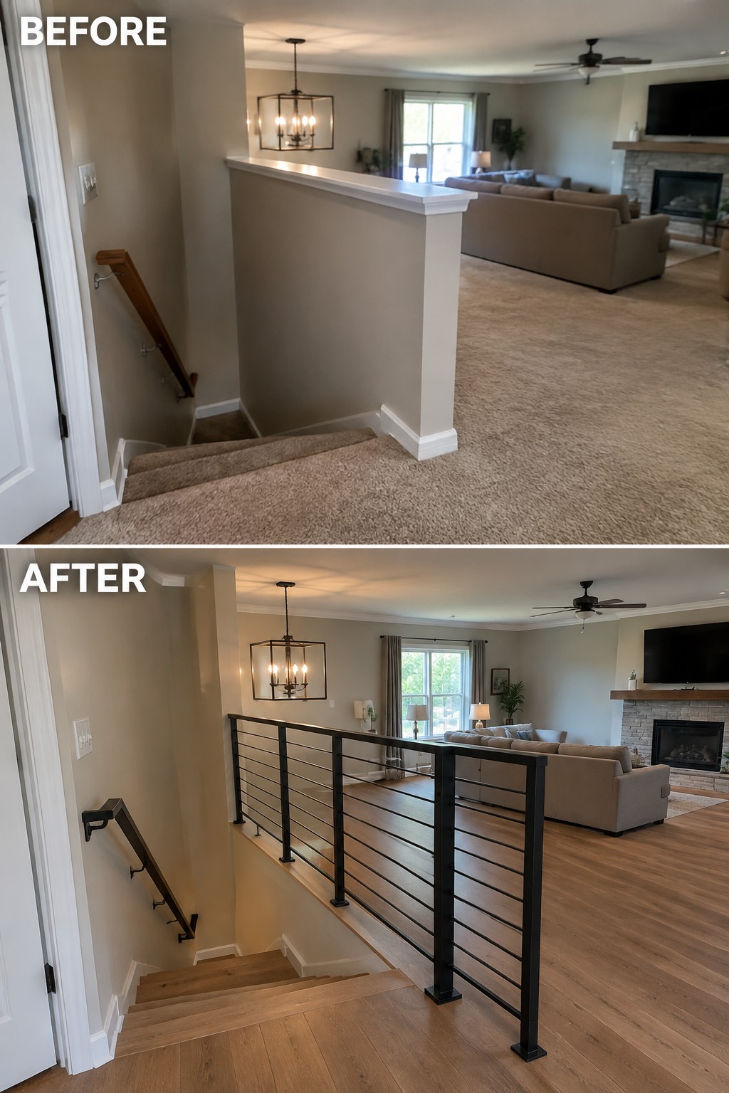 Before-and-after makeover image of a carpeted stair landing with a half-wall changed to wood flooring and an open black metal railing.