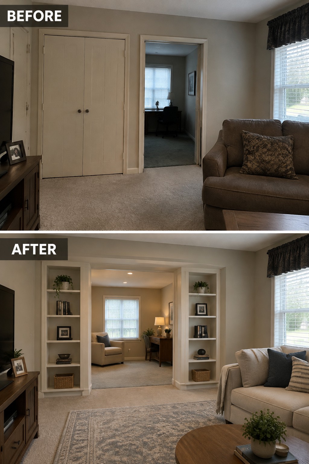 Before-and-after makeover image showing a closed closet and narrow doorway replaced by built-in shelves beside a wider opening to a connected room.