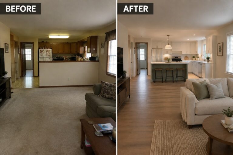 17 Ranch House Interior Remodel Ideas for Better Connections Between Living Spaces Before-and-after makeover image of a kitchen and living area, changed from a closed kitchen with a raised counter to an open layout with a central island and seating.