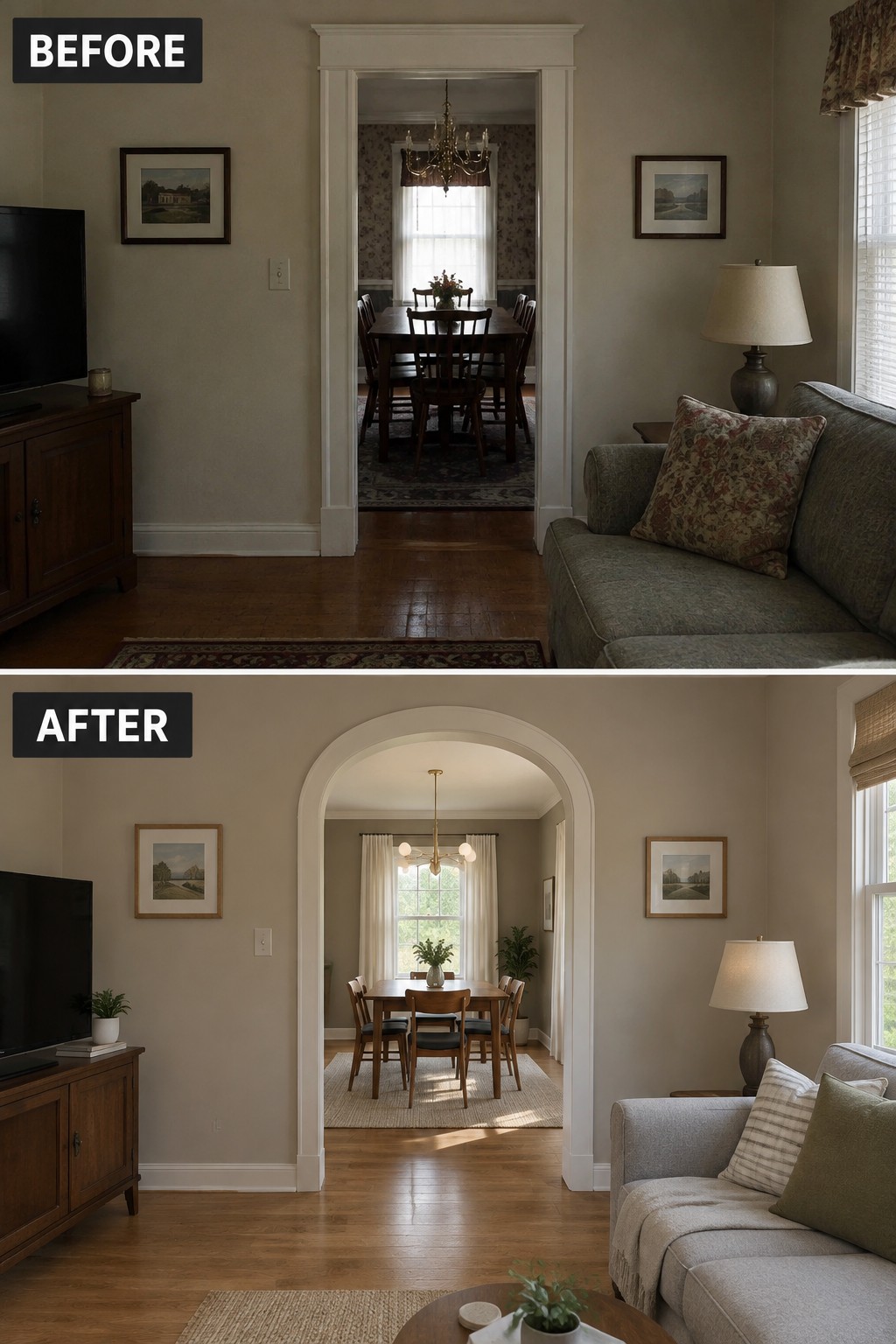 Before-and-after makeover image showing a narrow rectangular doorway changed to a wide arched opening between a living room and dining room.