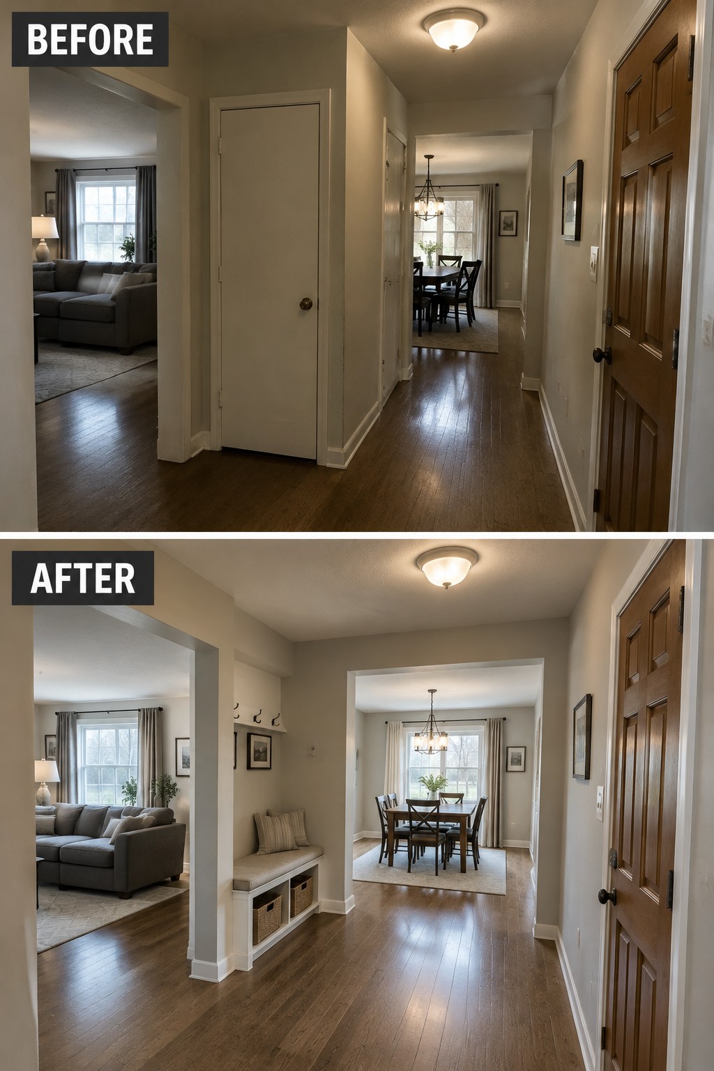 Before-and-after makeover image of a hallway with closed doors and narrow openings changed to an open passage with a built-in bench and storage.