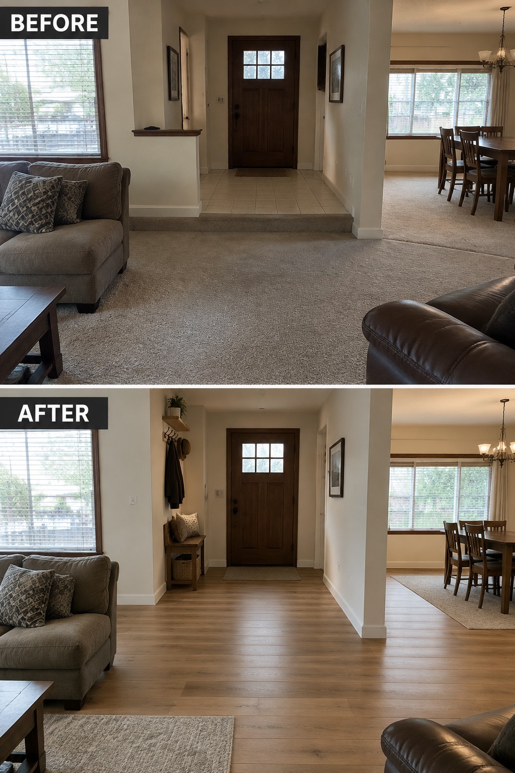 Before-and-after makeover image showing a raised tiled entry and carpeted living room changed to a level wood floor that continues from the front door into the living area.