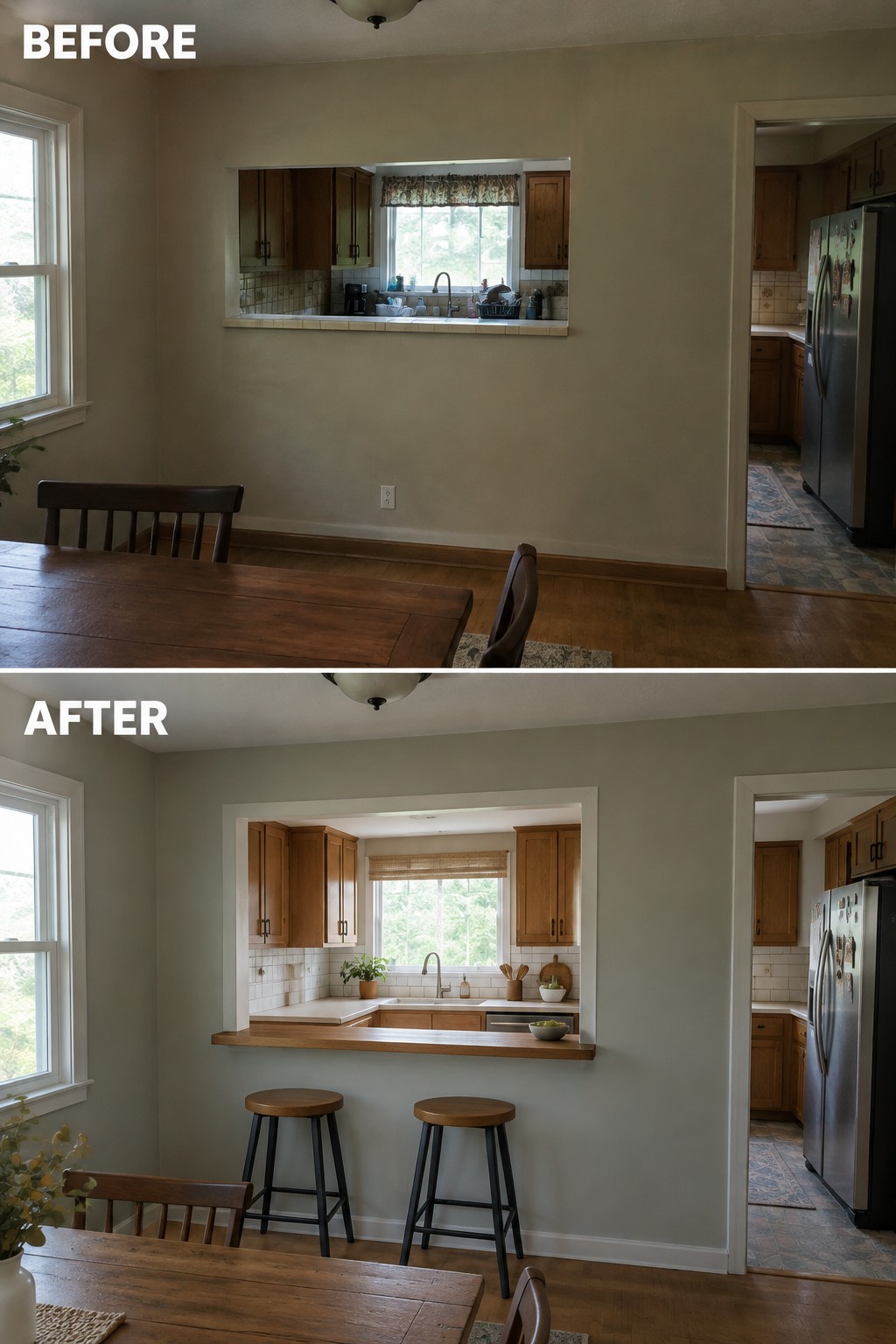 Before-and-after makeover image of a small kitchen pass-through widened with a deeper counter and two stools.