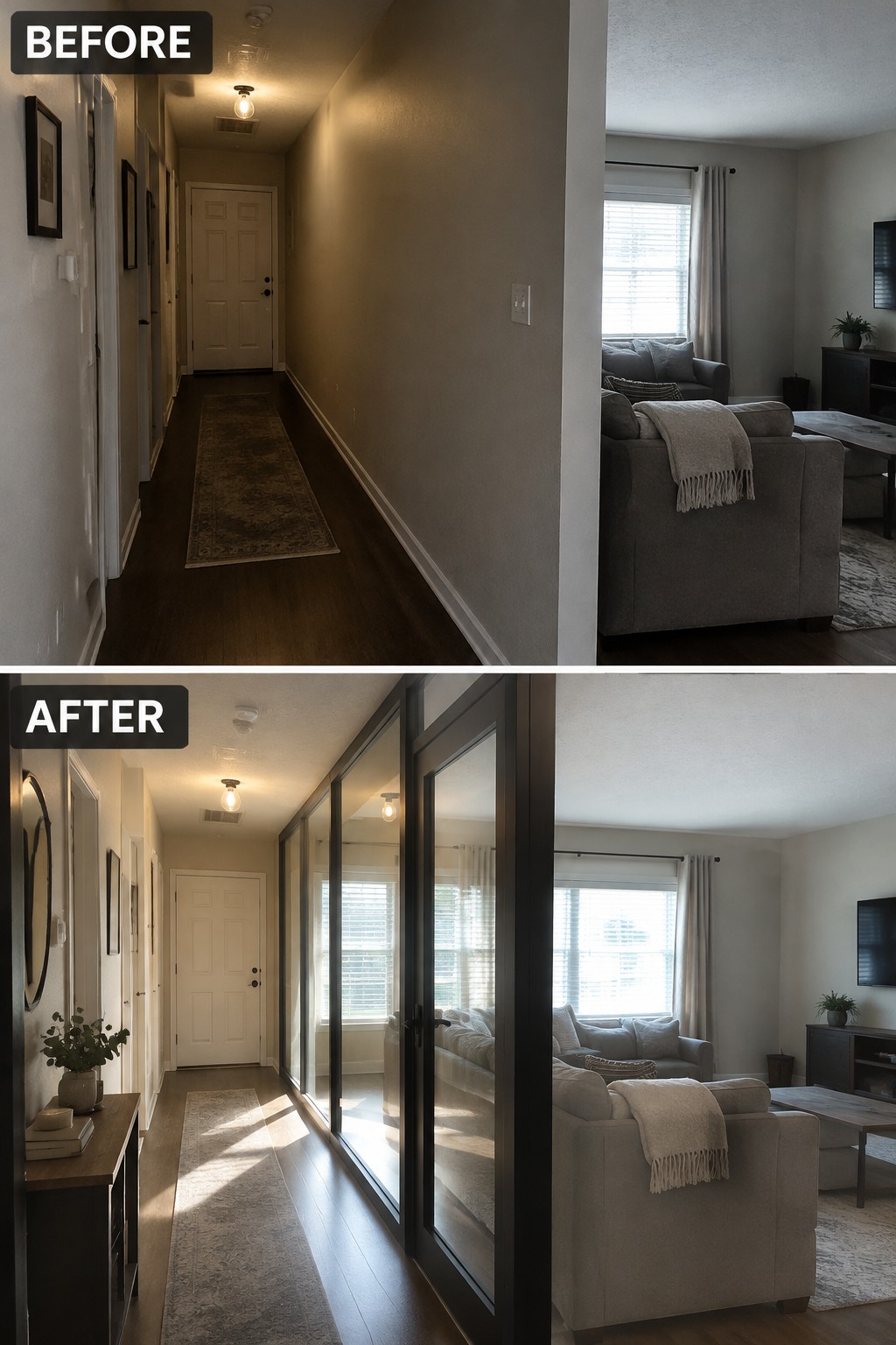 Before-and-after makeover image of a dark hallway separated from the living room, then opened to it with black-framed glass doors.
