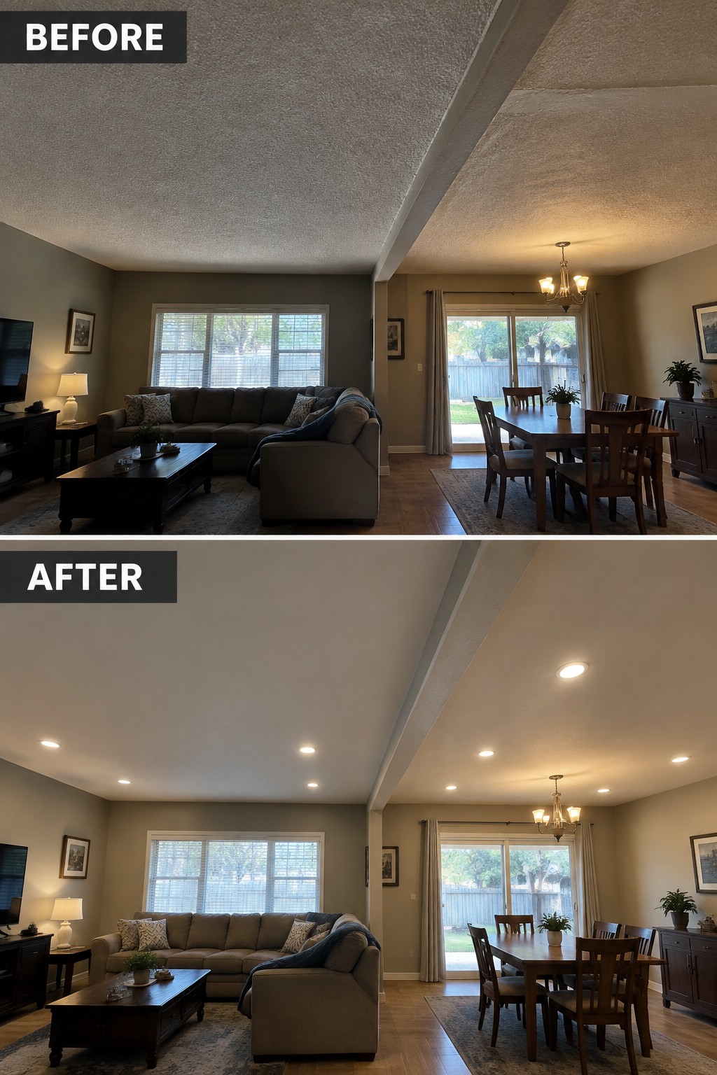 Before-and-after makeover image of an open living and dining area with recessed ceiling lights added.