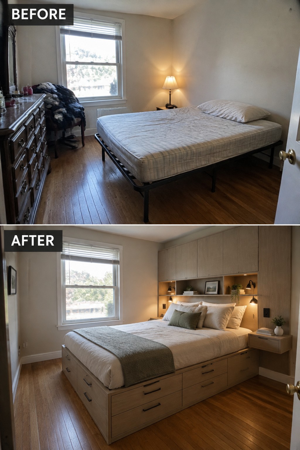 Before-and-after image of a bedroom changed from a mattress on a metal frame to a built-in bed with drawers, overhead cabinets, and bedside shelves.