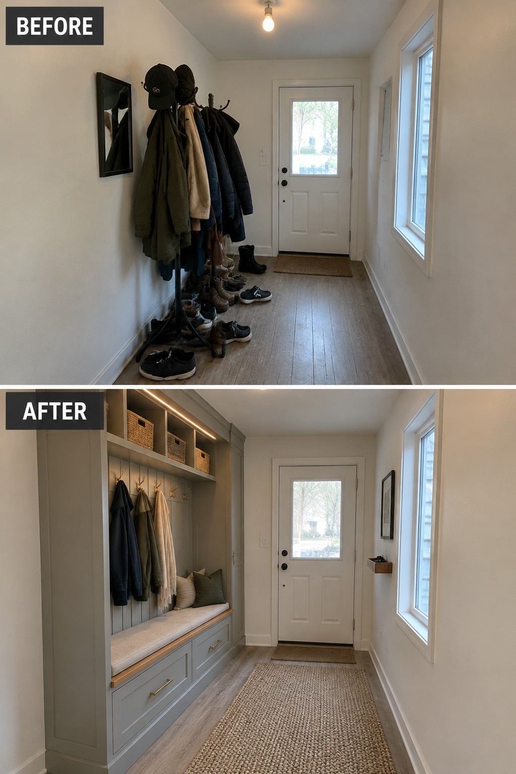 Before-and-after makeover image of a narrow entryway with a freestanding coat rack and shoes changed to a built-in bench with hooks, drawers, and overhead baskets.
