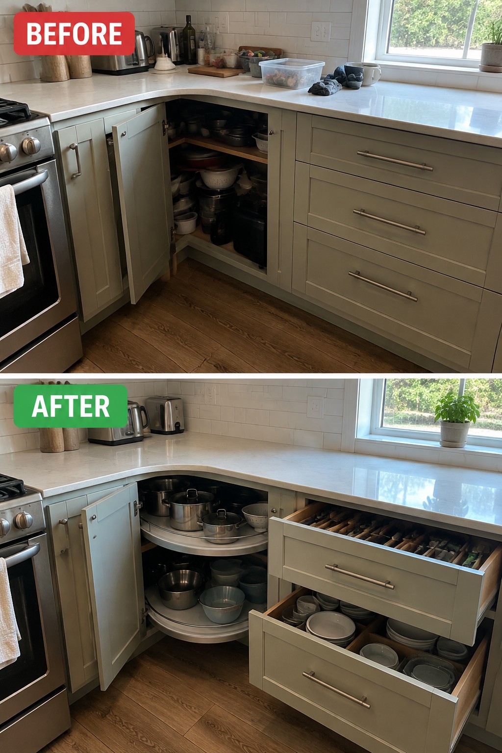 Before-and-after makeover image of a corner kitchen cabinet reorganized with rotating shelves for cookware and pull-out drawers for utensils and dishes.