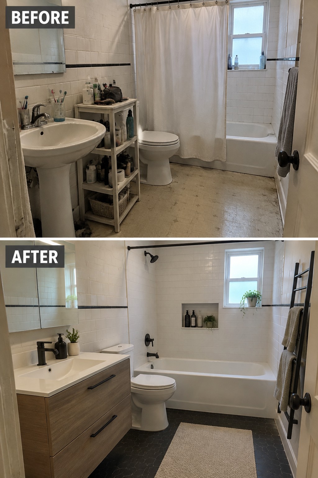 Before-and-after makeover image of a bathroom changed from a pedestal sink and open storage shelf to a vanity cabinet with drawers.