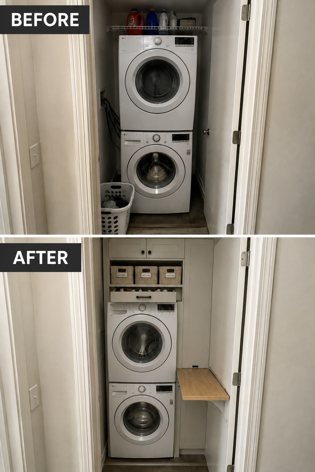 Before-and-after makeover image of a laundry closet with stacked washer and dryer, updated with cabinets, shelves, baskets, and a narrow folding counter.