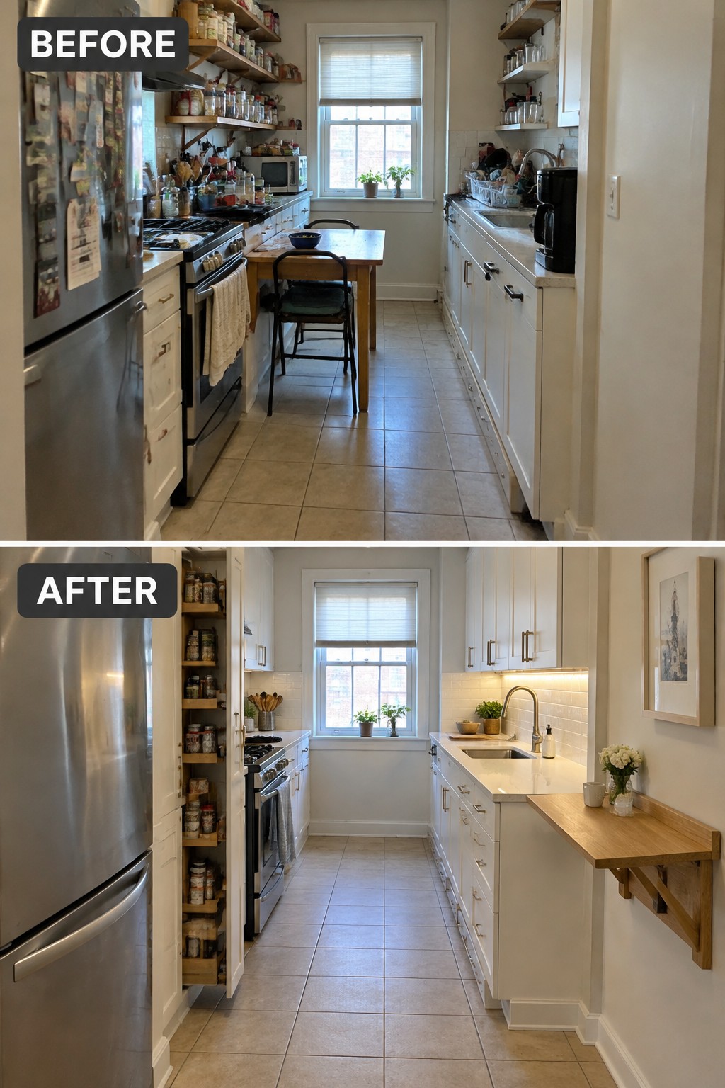 Before-and-after image of a narrow kitchen updated with upper cabinets, a tall pantry, and clearer counters.