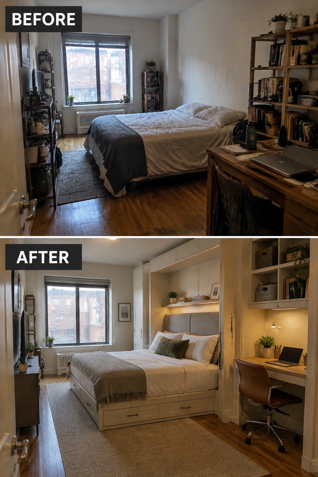 Before-and-after makeover image of a small bedroom changed from a cluttered layout with freestanding shelves and a desk to a built-in bed with drawers, cabinets, and a compact desk area.