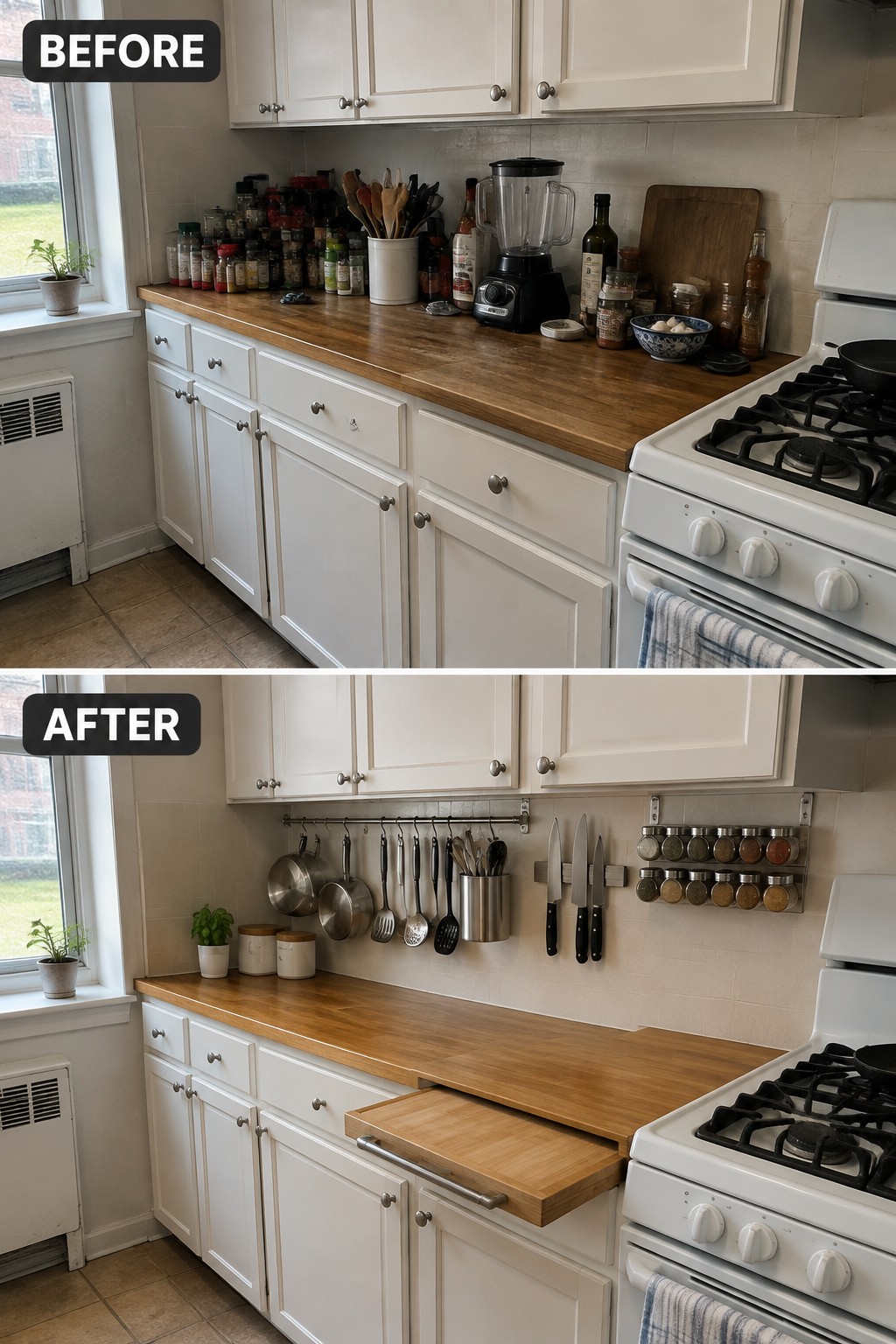 Before-and-after makeover image of a cluttered kitchen counter cleared for food preparation, with cookware, utensils, knives, and spices mounted on the wall.