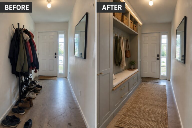 Before-and-after makeover image of a narrow entryway with a freestanding coat rack and shoes changed to a built-in bench with hooks, drawers, and overhead baskets.