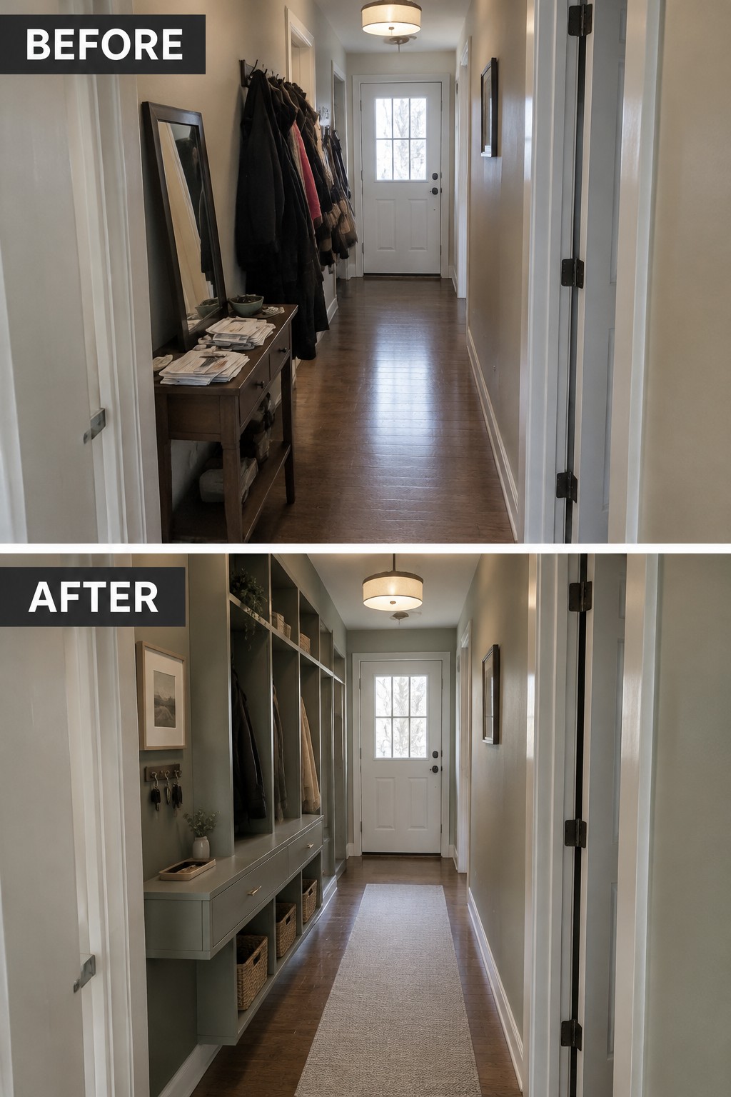 Before-and-after makeover image of a narrow entry hallway changed from a coat rack and console table to built-in coat storage, a bench, and baskets.