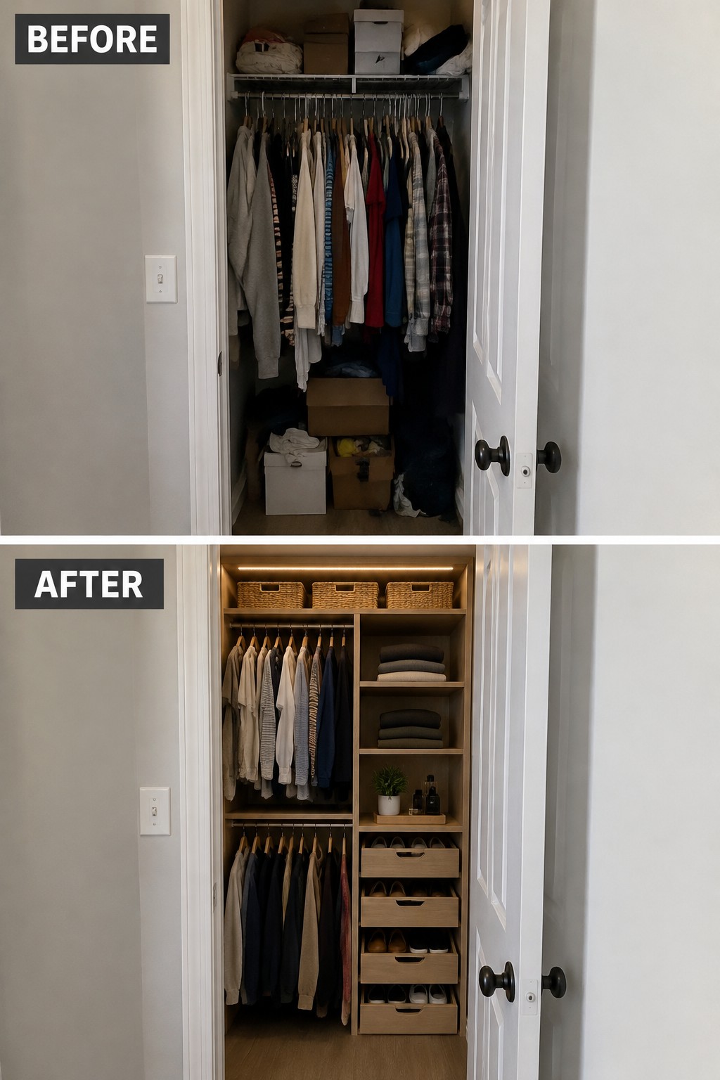 Before-and-after makeover image of a crowded closet reorganized with two hanging sections, shelves, baskets, and shoe drawers.
