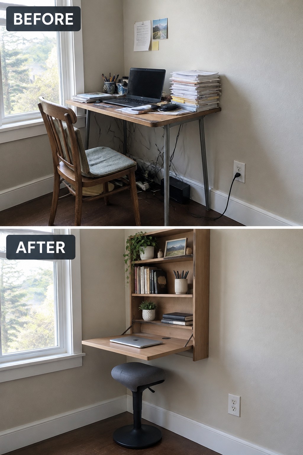 Before-and-after makeover image of a cluttered desk corner changed to a wall-mounted desk with shelves and a compact stool.