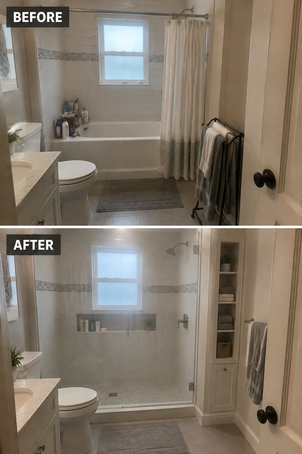 Before-and-after makeover image of a small bathroom changed from a bathtub with a shower curtain to a walk-in shower with a glass panel and recessed storage niche.
