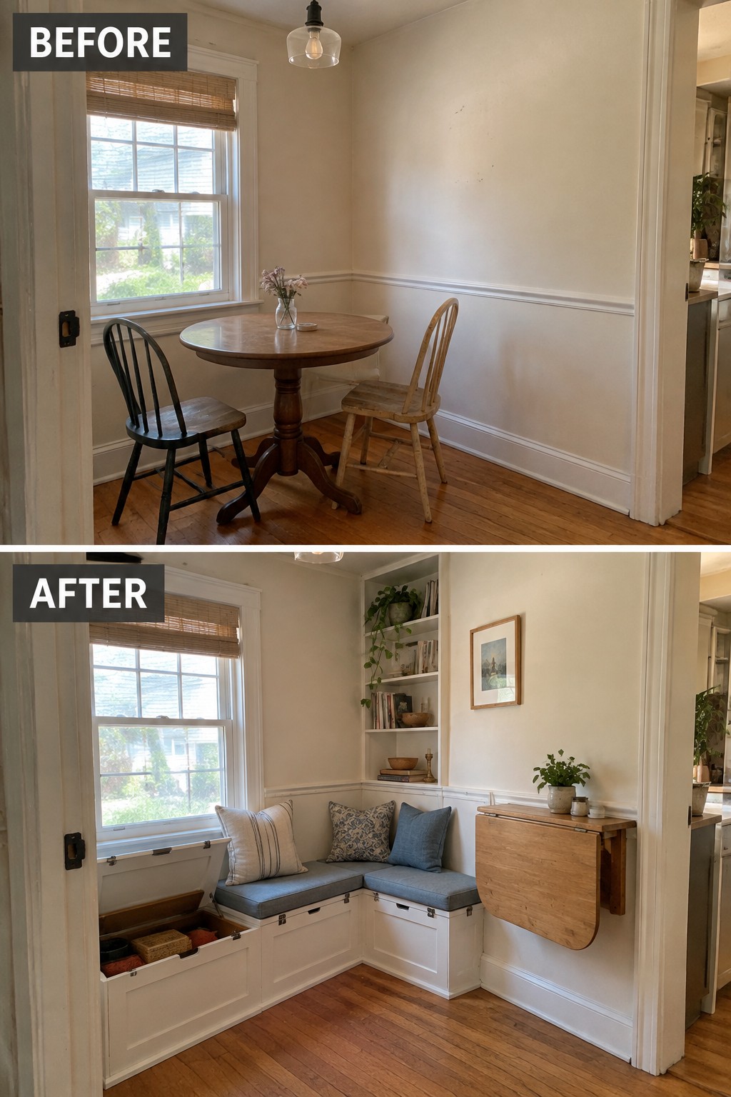 Before-and-after makeover image of a small breakfast nook changed from a round table and chairs to a built-in corner bench with storage and a wall-mounted drop-leaf table.