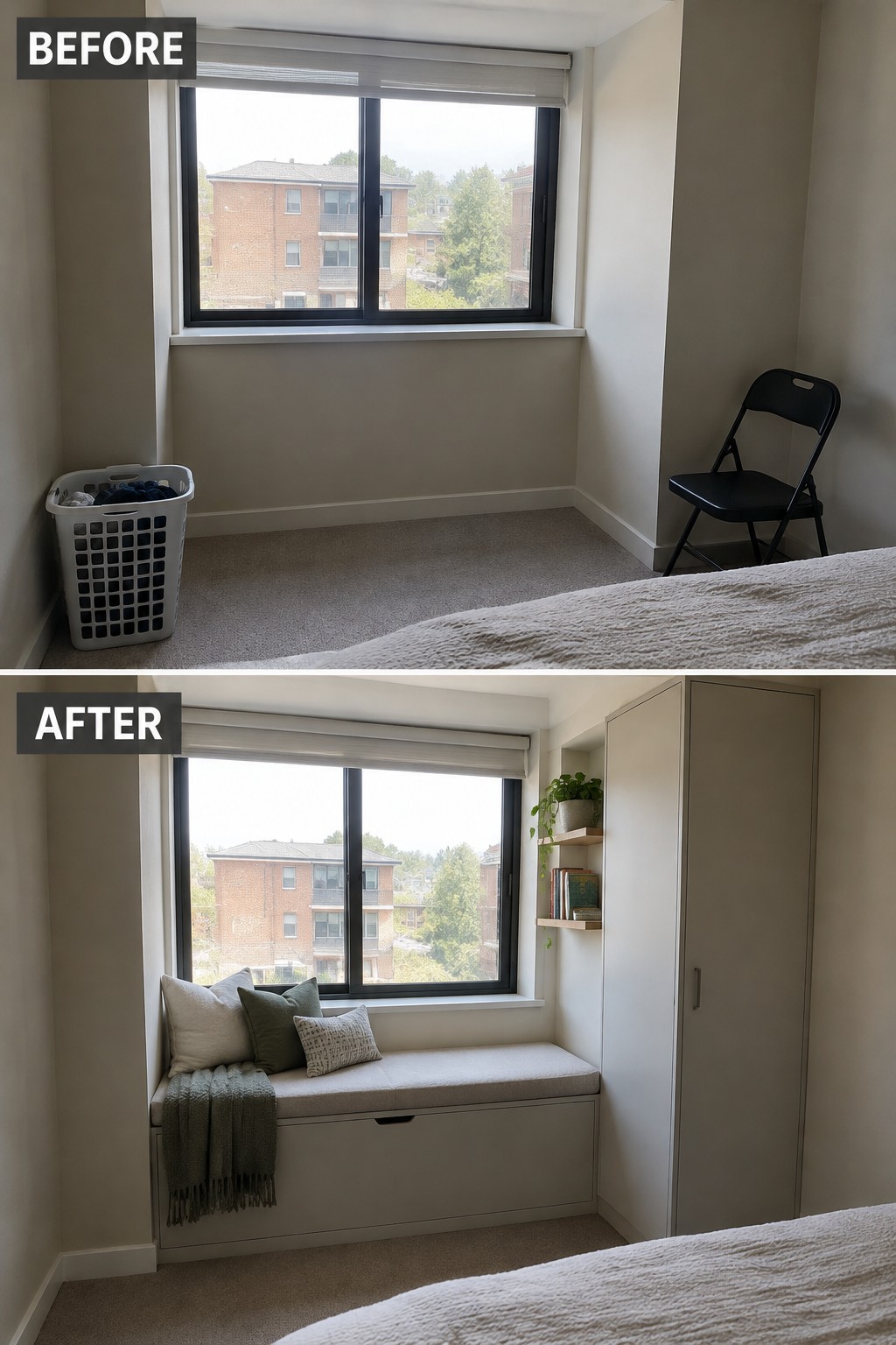 Before-and-after makeover image of an empty bedroom window area changed into a built-in bench with storage underneath.