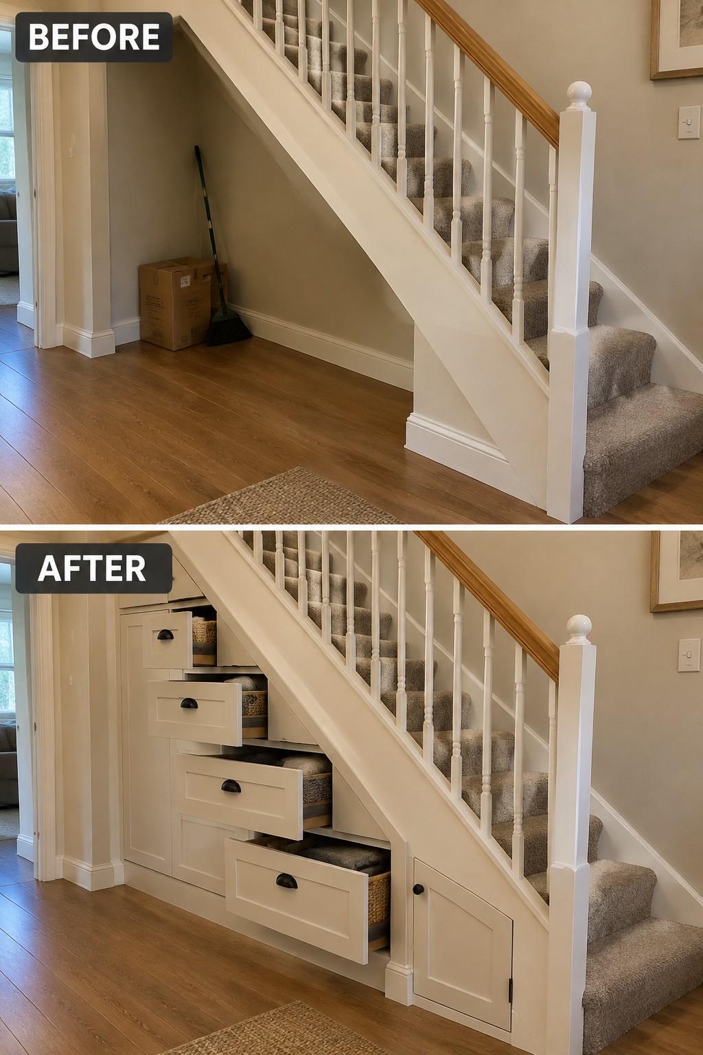 Before-and-after makeover image of an under-stair nook changed from open floor space into built-in drawers and a small cabinet.