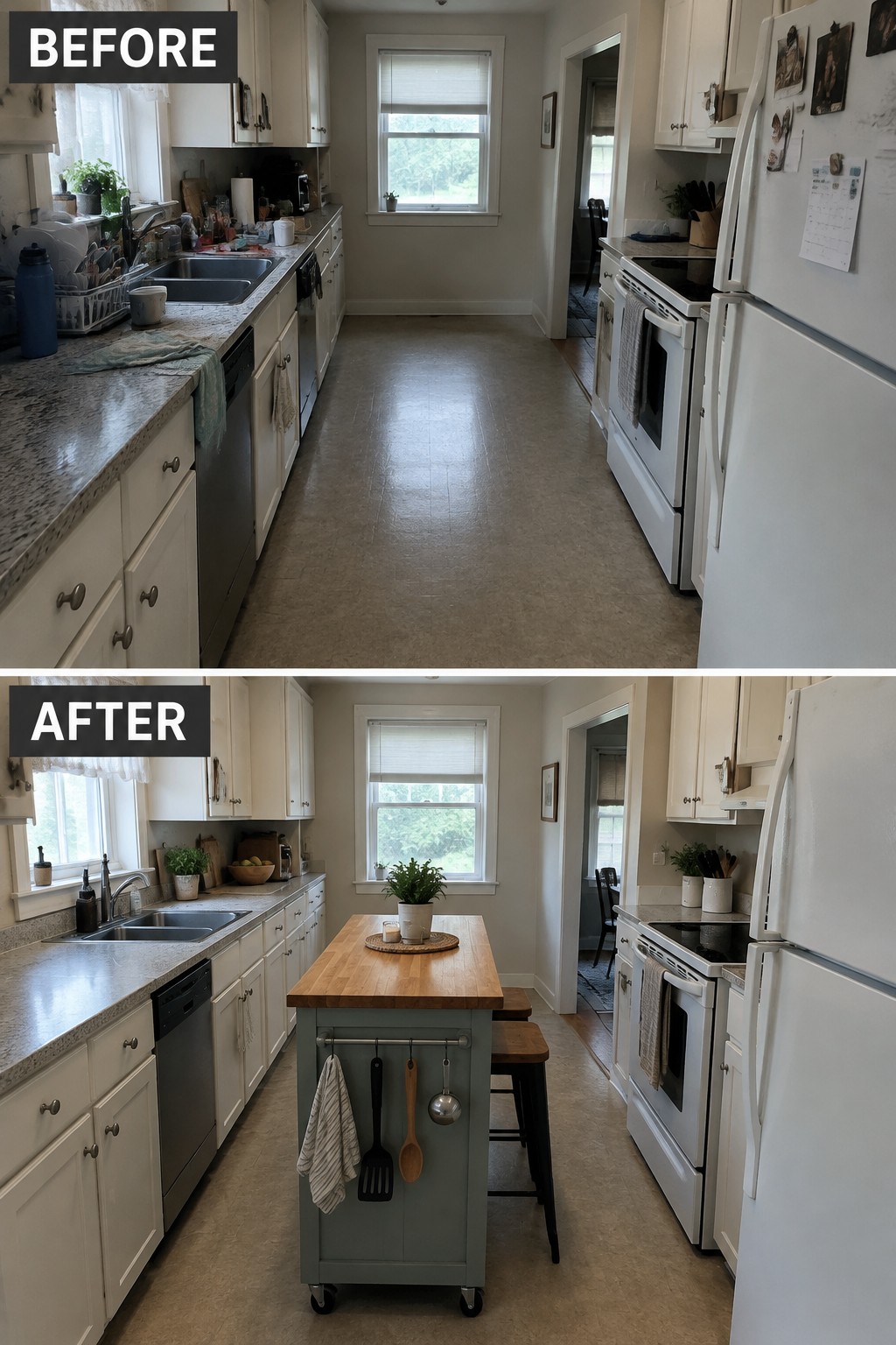 Before-and-after image of a narrow kitchen with a small butcher-block island added in the center for extra workspace.