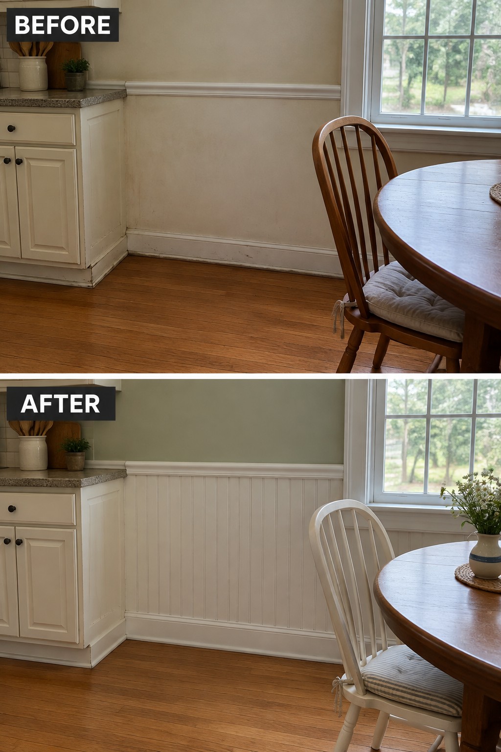 Before-and-after makeover image showing a plain kitchen nook wall updated with painted beadboard below a chair rail.