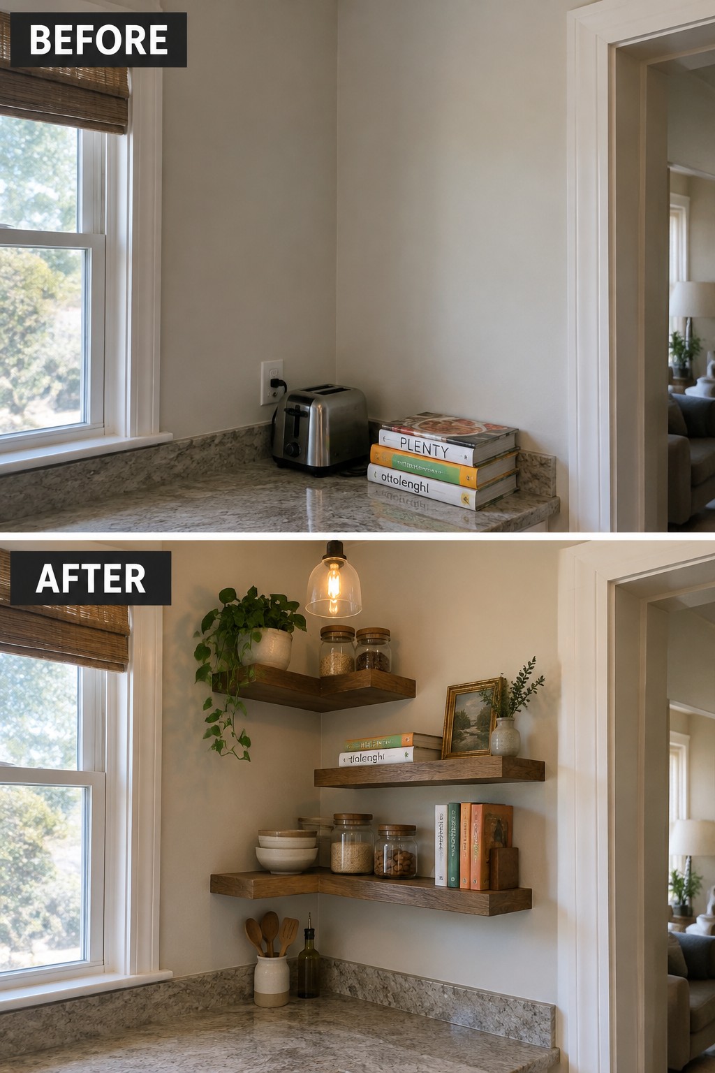 Before-and-after makeover image of a kitchen corner, first bare except for a toaster and cookbooks, then fitted with wooden floating shelves holding dishes, jars, and decor.