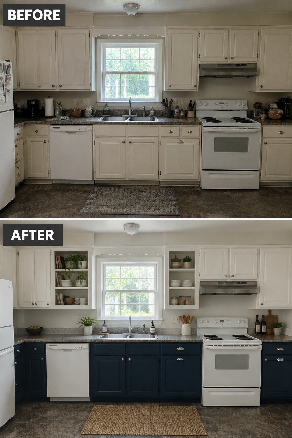 Before-and-after image of a kitchen updated with open shelves beside the window and dark lower cabinets.
